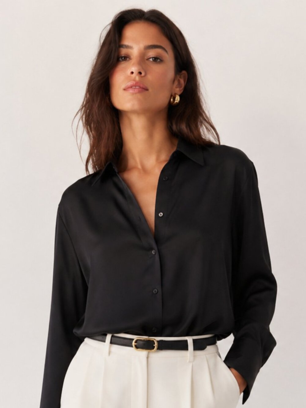 H&M Black Satin Button-Up Long Sleeve Blouse